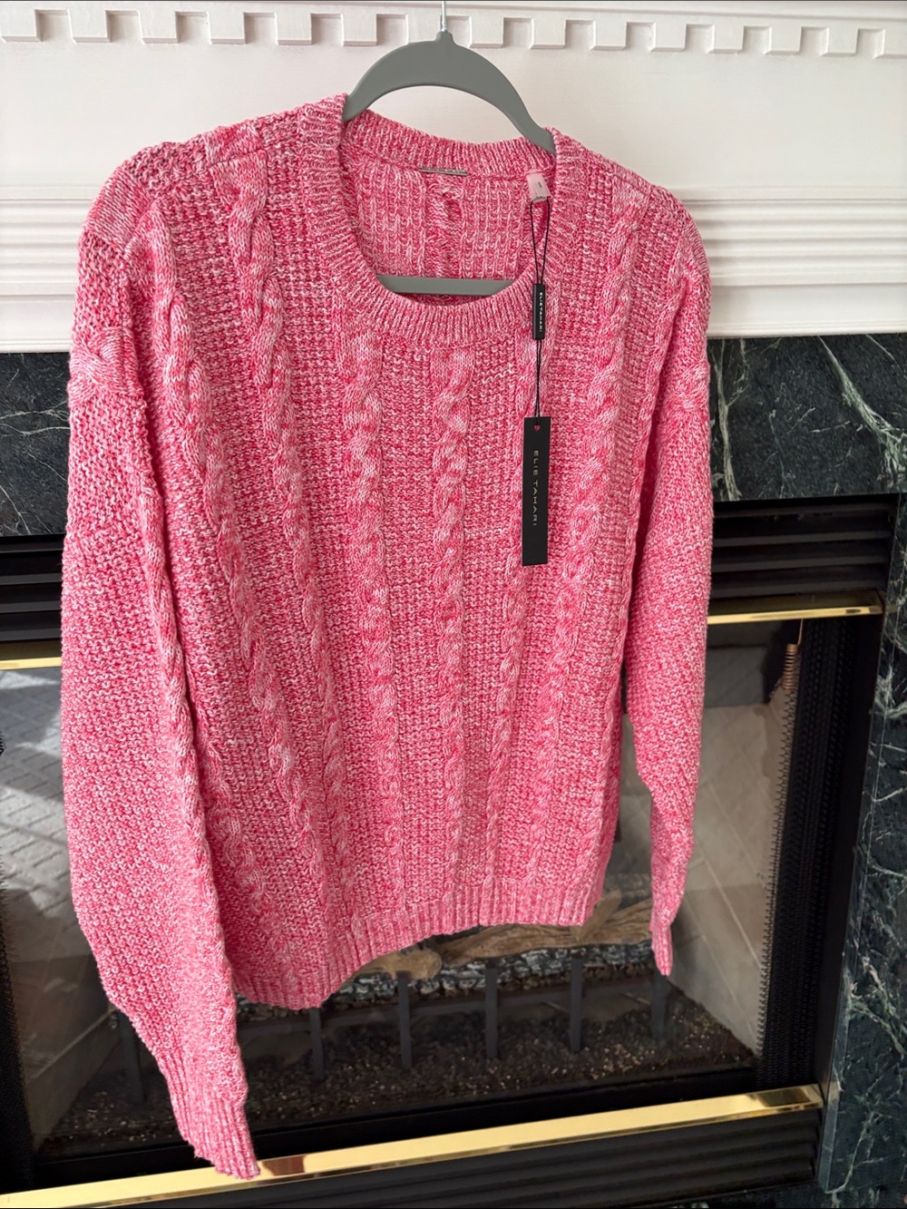 Elie Tahari Pink Cable Knit Marled Crewneck Sweater